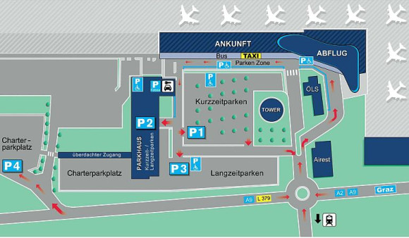 Letiště Štýrský Hradec (Graz) - mapa parkingu (infografika)