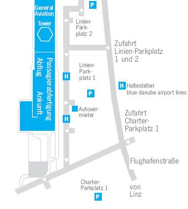 Letiště Linec (Linz) - mapa parkingu (infografika)
